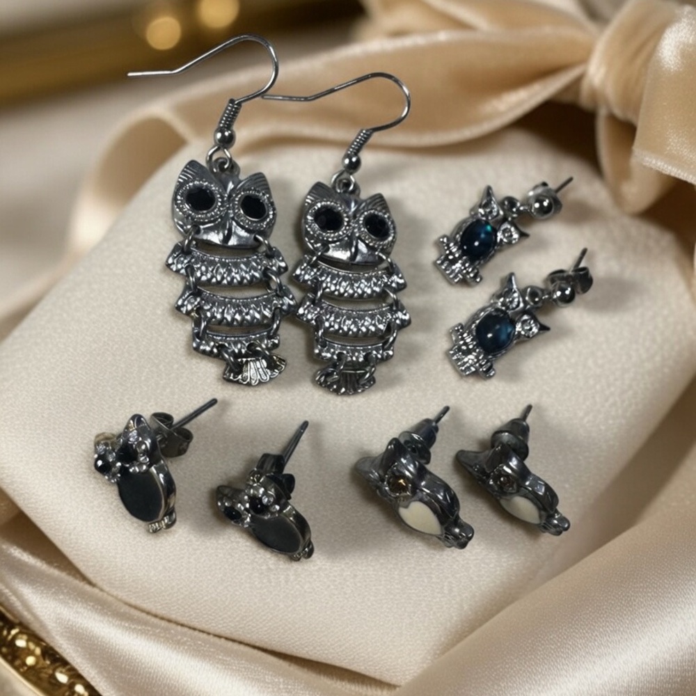 Owl Earrings Lot Silver Tone Owl Stud & Dangle Earrings Animal Jewelry Set